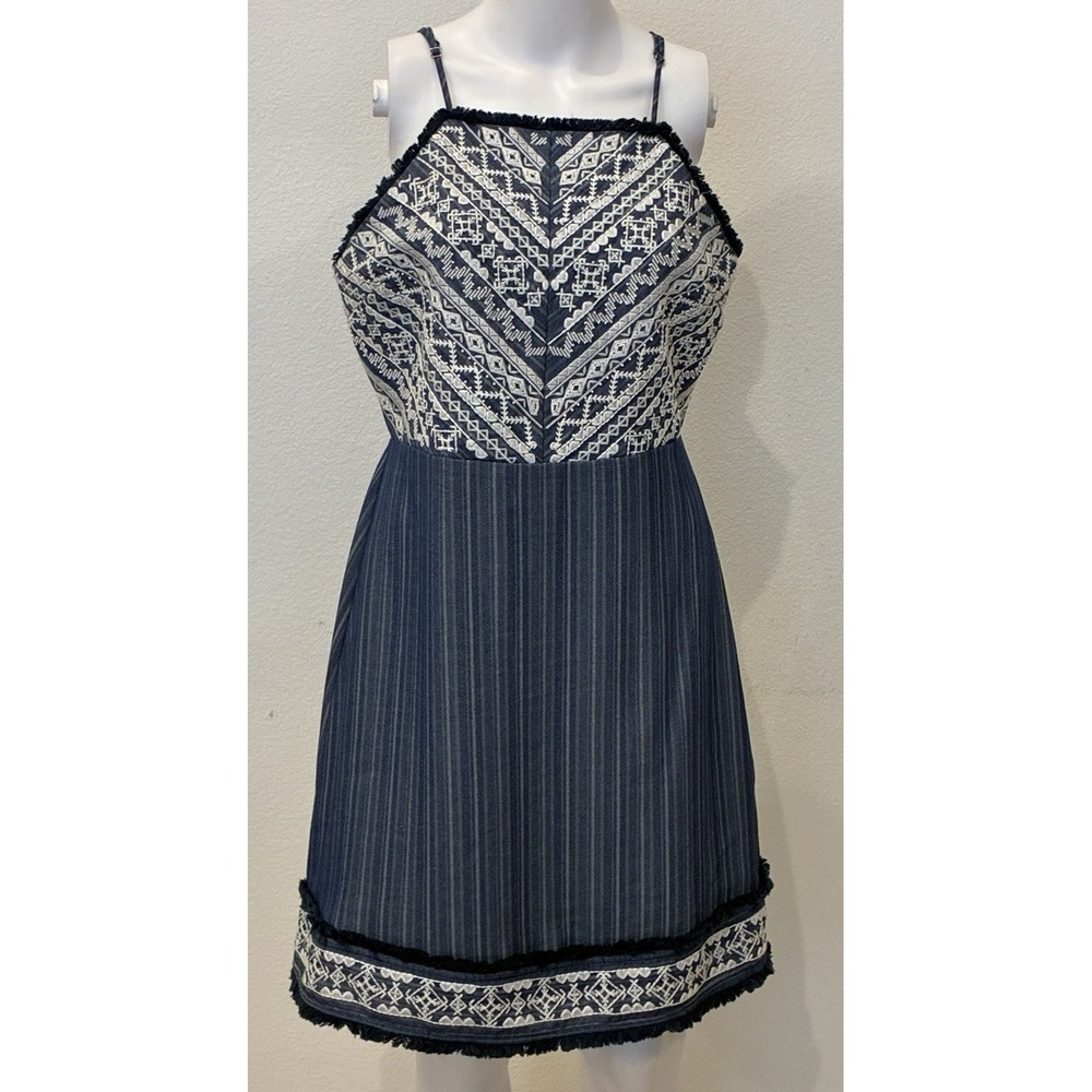 Miss Me Boho Chic Embroidered Pleated Fringe Mini‎ Dress Size L Blue Festival